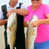 Surf-anglers Don & Dixie Jones of Hutchinson, KS doubled with these 27 and 28 inch reds fishing cut bait.